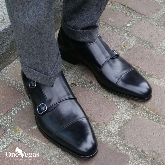 Double Buckle Monk Strap Black Leather Shoes